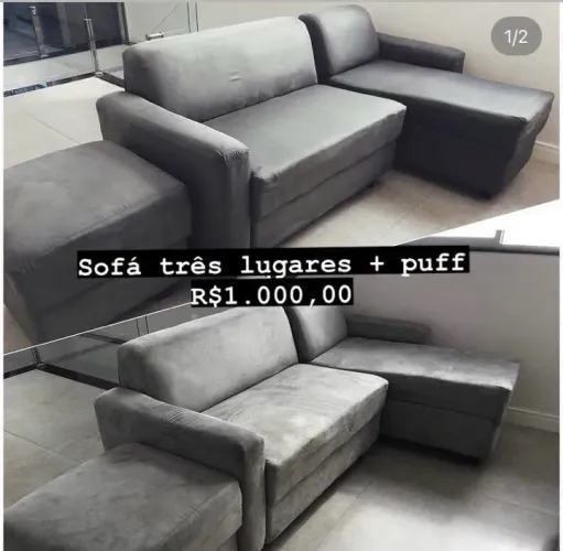 Sofá Cinza 3 Lugares + Puff