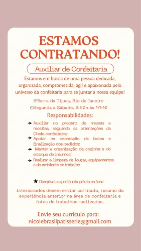 Vaga de Auxiliar de Confeitaria- Barra da Tijuca