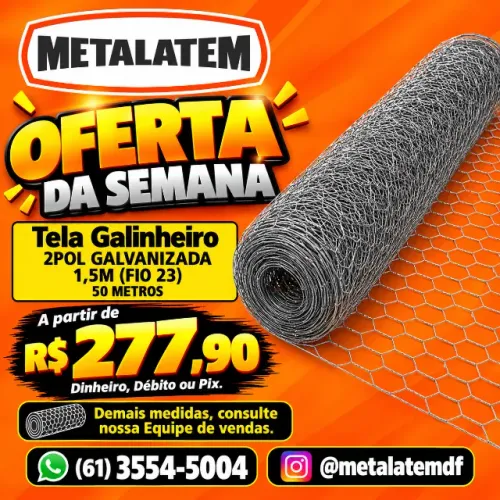 Tela Galinheiro Galvanizada 2 Polegadas 1,50m x 50 Metros Fio 23