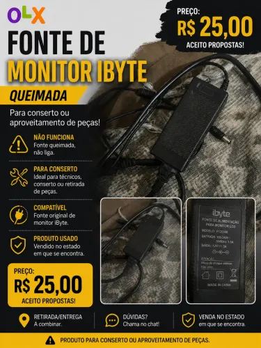 Fonte de Monitor iByte Queimada - Para Conserto/Peças