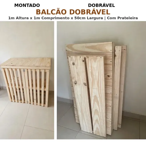 Balcão Dobrável de Palete / Pinus - 1m com Prateleira - Novo, Lixado e Montado
