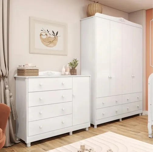 Quarto Infantil com Guarda Roupa 4 Portas e Cômoda 1 Porta 100% MDF Maya Clássico