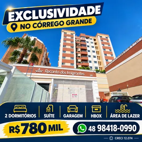 EXCLUSIVIDADE - 2 DORMITÓRIOS, SUÍTE, VG E ÁREA DE LAZER NO CÓRREGO GRANDE - Florianópolis