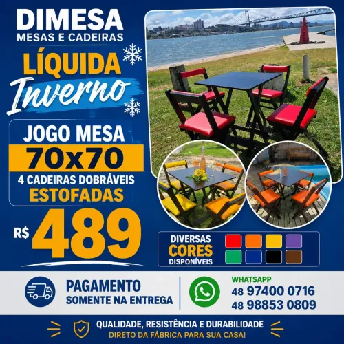 4 cadeiras dobráveis estofadas + mesa 70x70