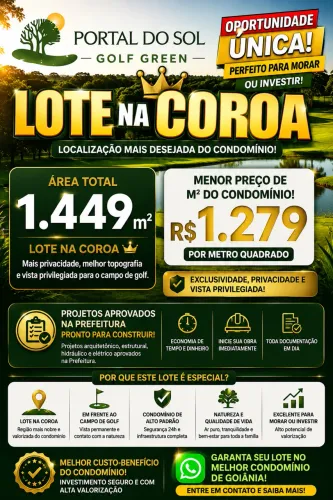 OPORTUNIDADE! TERRENO 1.449m² PORTAL DO SOL GOLF GREEN - MENOR PREÇO + PROJETO PRONTO