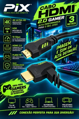 Cabo HDMI PIX 2.0 Gamer 03 Metros Plugue 90º 4k