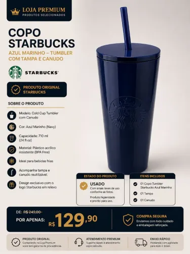 2 Copos Starbucks Original Azul Marinho com Tampa e Canudo - 710ml