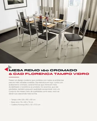 Mesa Remo 1,60 Cromado c/ 6 Cadeiras Florença - Tampo de Vidro