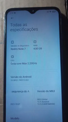 Redmi note 7, armazenamento 64 gigas, memória 4 gigas, tela sem detalhes