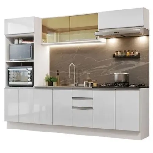Cozinha Completa MDF 270 Com Armário E Balcão Branco Brilho