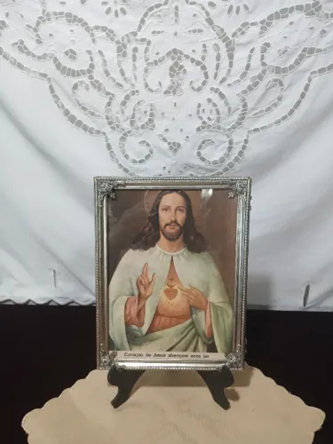 Antigo Quadro Divino Coração De Jesus Abençoai Este Lar 