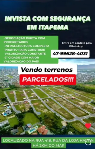 VENDO TERRENOS PARCELADOS EM ITAPEMA, A PARTIR 200m², RUA ASFALTADA!!!