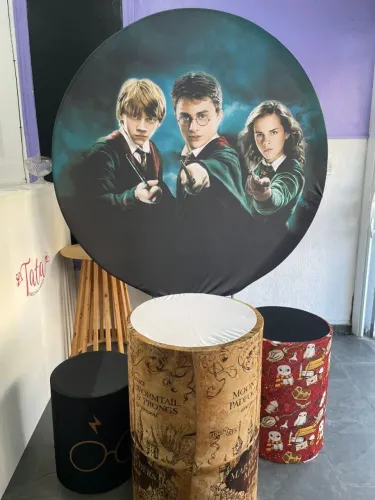 Painel Sublimado e capas de cilindro Harry Potter. 
