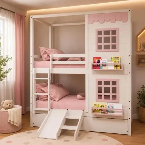Beliche Infantil Casinha com Janelas e Escorregador Madeira Maciça Branco/ Rosa