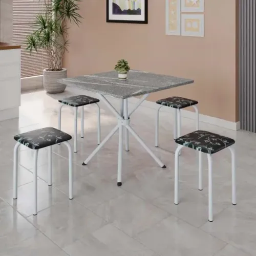 Mesa de Cozinha Bali Branco Tmp Granito Topazio 70x70 4 Banquetas Branco Teixeira