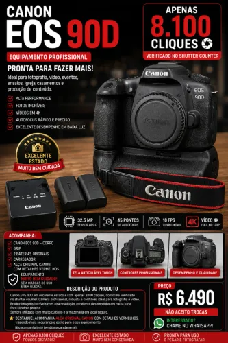 Canon 90D + Grip + 2 baterias ? R$ 6.490