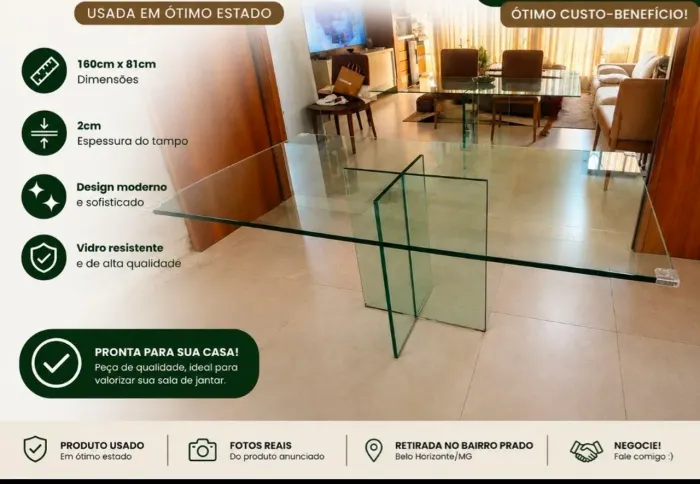 Mesa de jantar de vidro 2cm de espessura