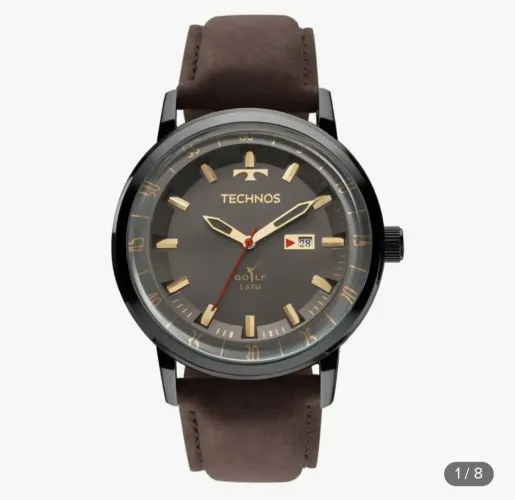 Relógio Technos Golf Masculino Grafite com Pulseira de Couro Marrom Legitimo
