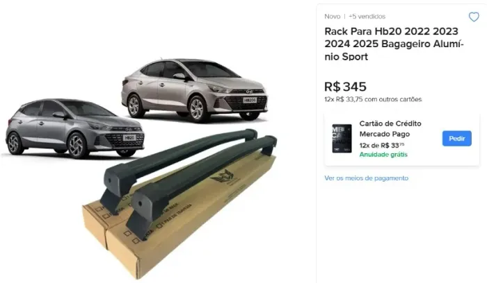Rack Teto - Bagageiro Alumínio - Hb20 - Anos 2022 2023 2024 2025 