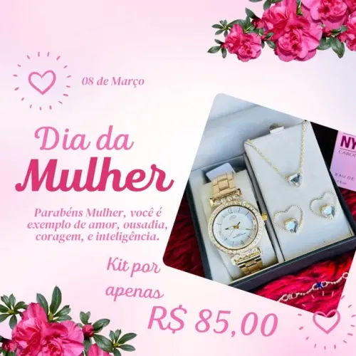 Kit feminino relógio colar e brincos dia internacional da mulher para presente