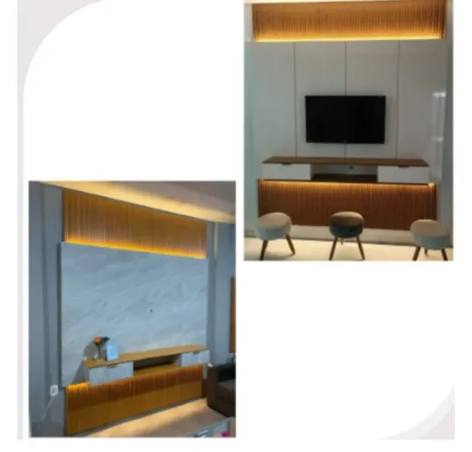 Painel de TV com design moderno e iluminação