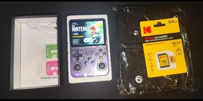 Novo - Console Portátil R36S Roxo - cartão KODAK 64GB com sistema atualizado + Acessórios