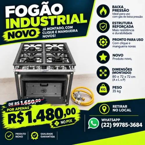 Fogão Industrial Baixa Pressão 4 bocas com forno