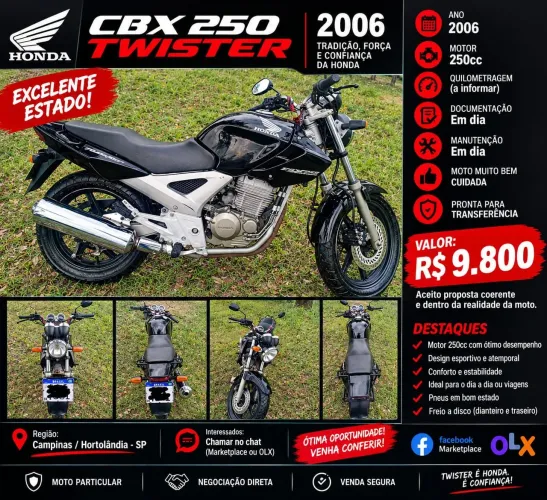 **Honda CBX 250 Twister 2006 - 59.000 km - Muito Conservada**<br>