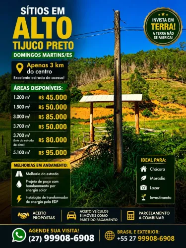 SÍTIOS ALTO TIJUCO PRETO - DOMINGOS MARTINS/ES, PARTIR 1.200m2, PARCELO, TROCO, LUS-ÁGUA <br>