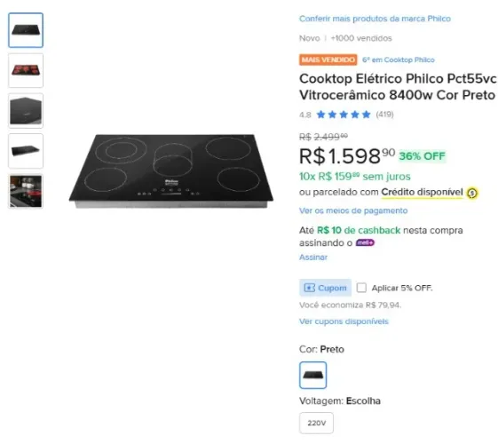 Cooktop Elétrico Philco Pct55vc Vitrocerâmico 8400w Cor Preto