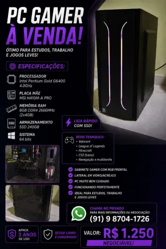 PC Intel 10ª Geração + SSD + 8GB RAM | Estudos, Trabalho e Jogos Leves