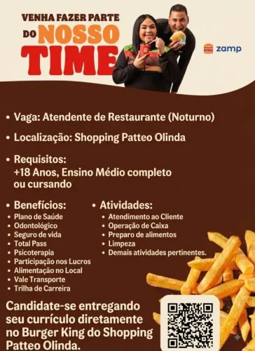 Vagas de emprego no Burgerking Patteo Olinda Noturno