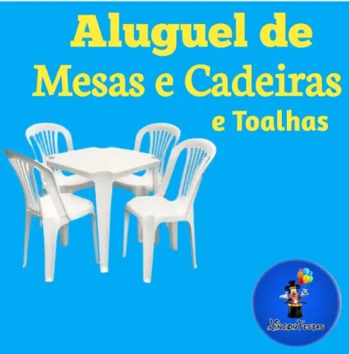 aluguel de jogos de mesas com 4 cadeira por 12,00 a vista e toalhas por 6,00 reais