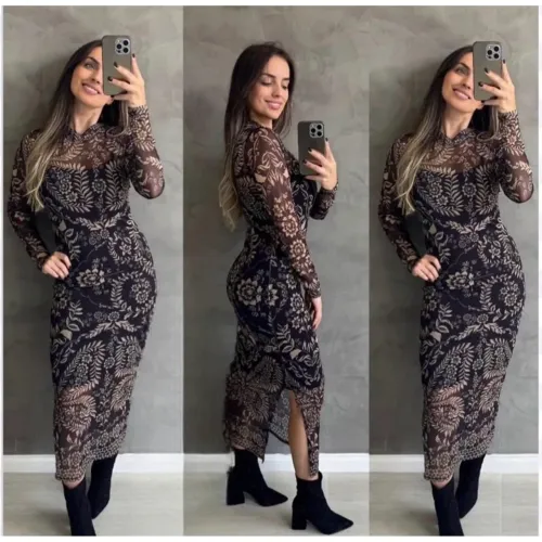 Vestido longo tule manga longa feminino