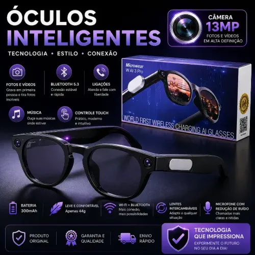 Óculos Inteligente W93AI Câmera 13MP IA Bluetooth Wi-Fi