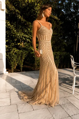 Vestido Longo de Festa Luxo Pedrarias - Champanhe Dourado - Tam 36