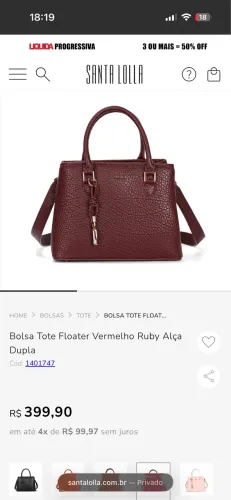 Bolsa Tote Floater Vermelho Ruby Alça Dupla Santa Lolla