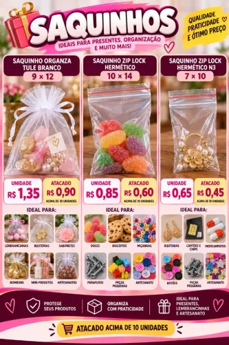Saquinho organza tule saco zip lock