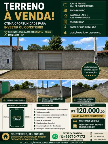 Terreno 10x27 (270m²) Murado | Escriturado | Palmeiras II/Gaivota - Itanhaém | R$ 120.000