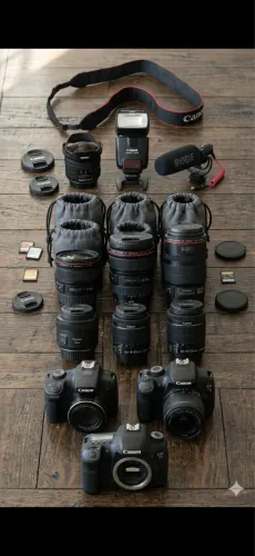 LOTE COMPLETO CANON USADO: 4 CÂMERAS + 9 LENTES + FLASH + MICROFONE