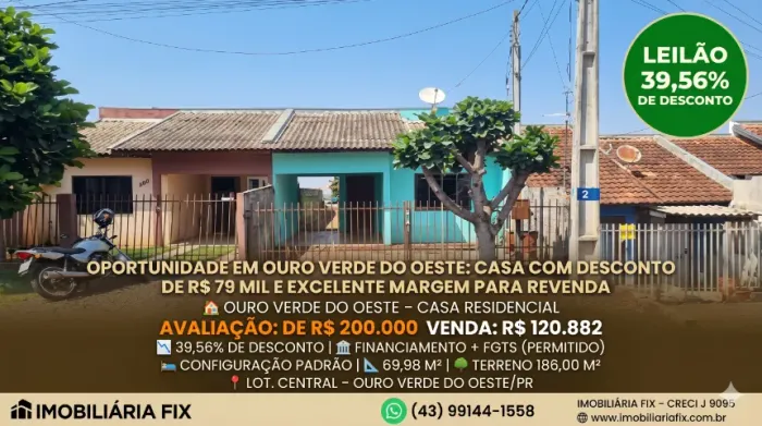 OPORTUNIDADE EM OURO VERDE DO OESTE: CASA COM DESCONTO DE R$ 79 MIL E EXCELENTE MARGEM PAR