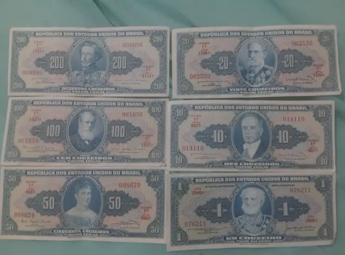 Cedulas antigas ,1, 10, 20,50,100,200 cruzeiros valor 150,00