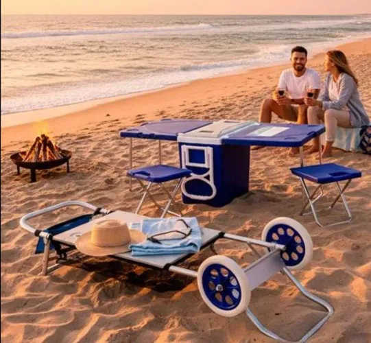 Kit praia completo ? caixa térmica 32L + mesa + 2 banquetas