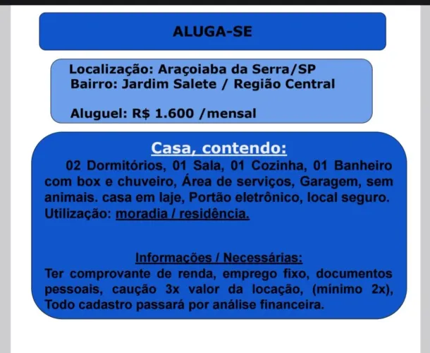 Aluga-se casas em Aracoiaba da Serra/ Região Central