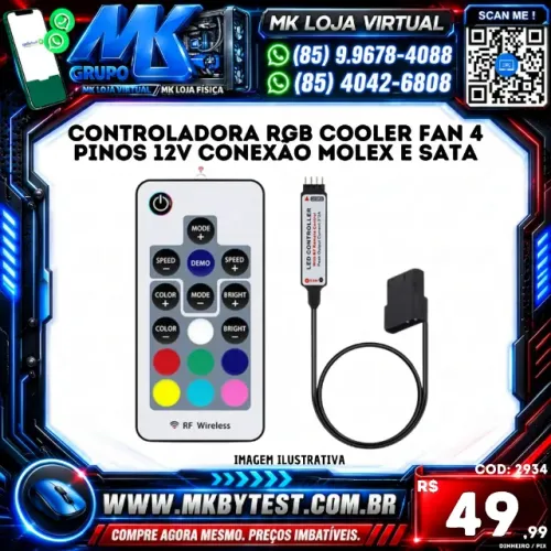 Controladora Rgb Cooler Fan 4 Pinos 12v Conexão Molex E Sata