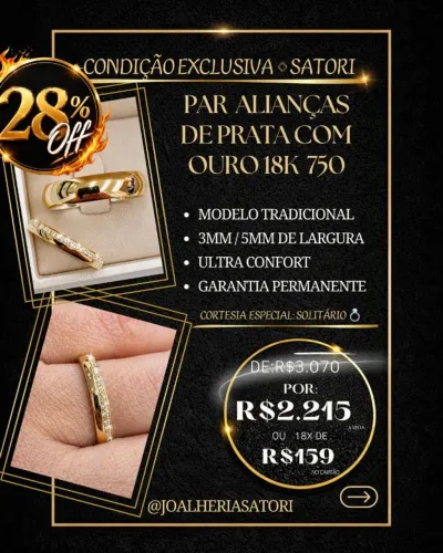 Par de alianças prata com ouro 18k-Promoção da semana
