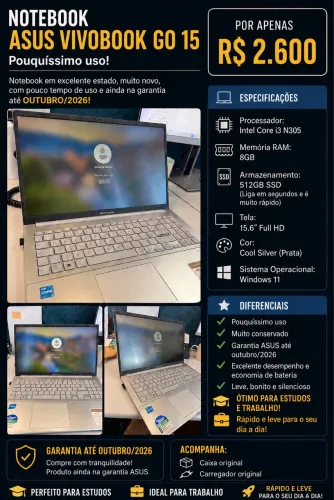 Notebook ASUS vivobook Go - Fino e Leve - estado de novo!!