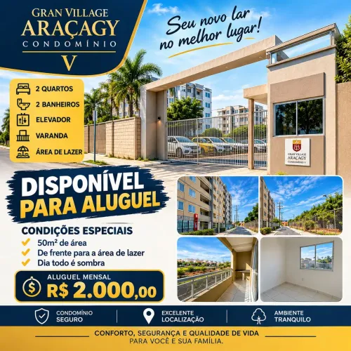 APARTAMENTO ALUGO GRAN VILLAGE ARAÇAGY V,Bloco 4/5° Andar, Super ventilado e muita sombra 