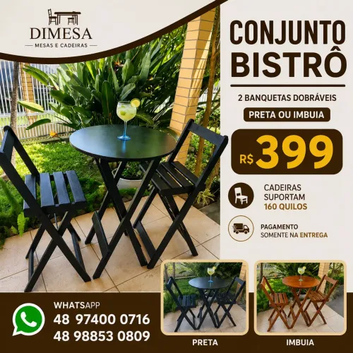 Mesa bistrô 60cm com 2 banquetas dobráveis