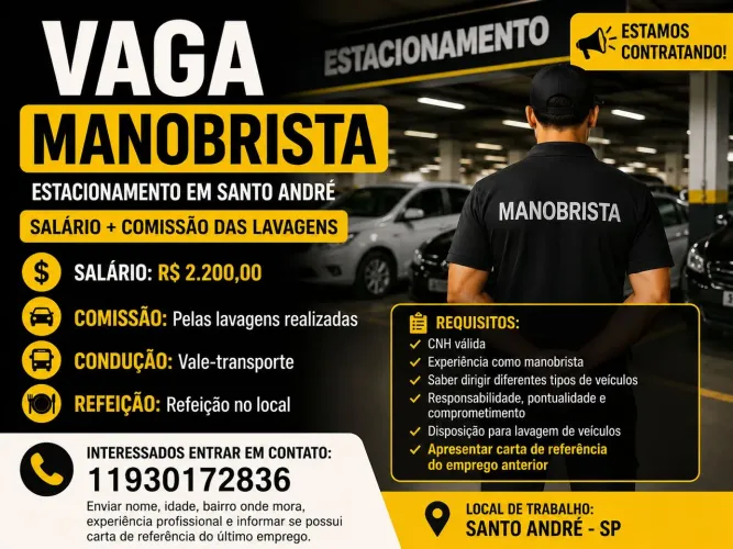 Vaga Manobrista com Lavagem Salário + Comissão